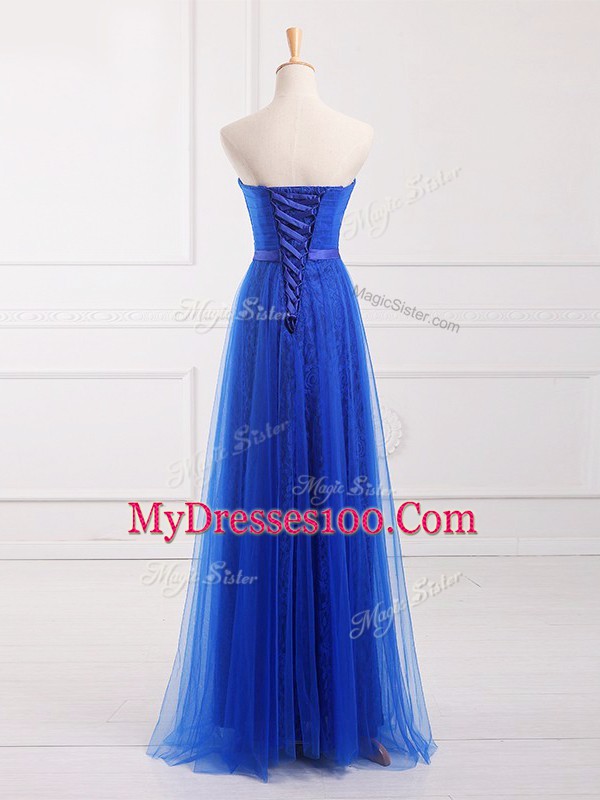 Smart Sleeveless Tulle and Lace Floor Length Lace Up Vestidos de Damas in Royal Blue with Belt