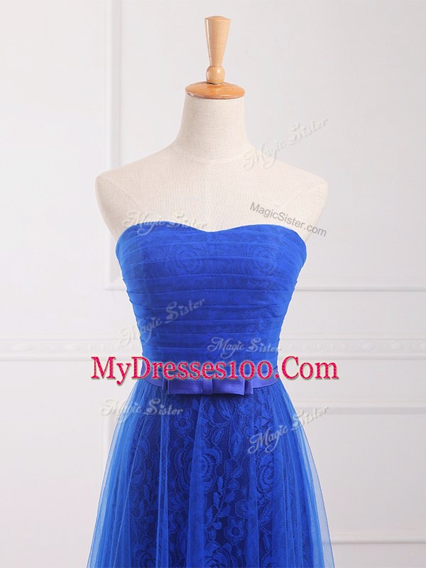 Smart Sleeveless Tulle and Lace Floor Length Lace Up Vestidos de Damas in Royal Blue with Belt