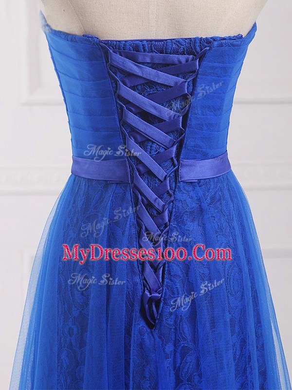 Smart Sleeveless Tulle and Lace Floor Length Lace Up Vestidos de Damas in Royal Blue with Belt