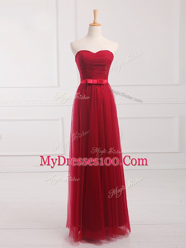 Floor Length Wine Red Quinceanera Dama Dress Tulle and Lace Sleeveless Belt