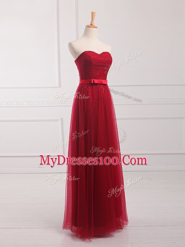 Floor Length Wine Red Quinceanera Dama Dress Tulle and Lace Sleeveless Belt