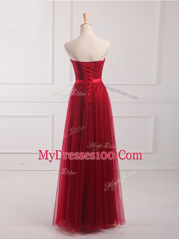 Floor Length Wine Red Quinceanera Dama Dress Tulle and Lace Sleeveless Belt