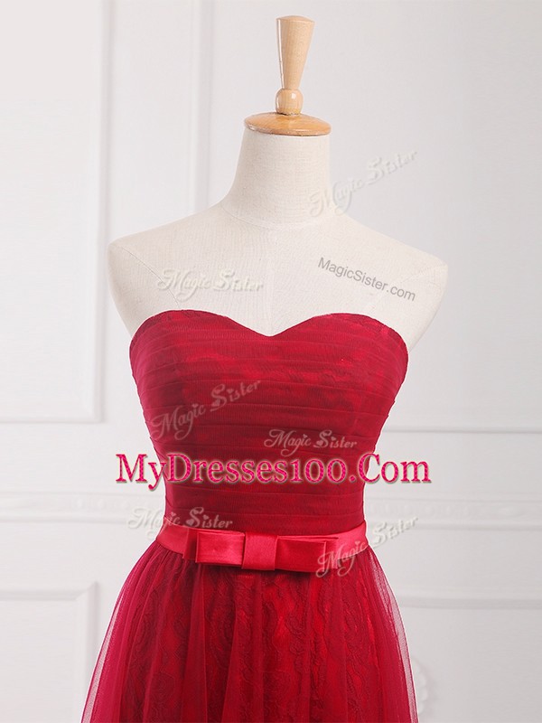 Floor Length Wine Red Quinceanera Dama Dress Tulle and Lace Sleeveless Belt