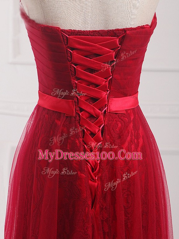 Floor Length Wine Red Quinceanera Dama Dress Tulle and Lace Sleeveless Belt