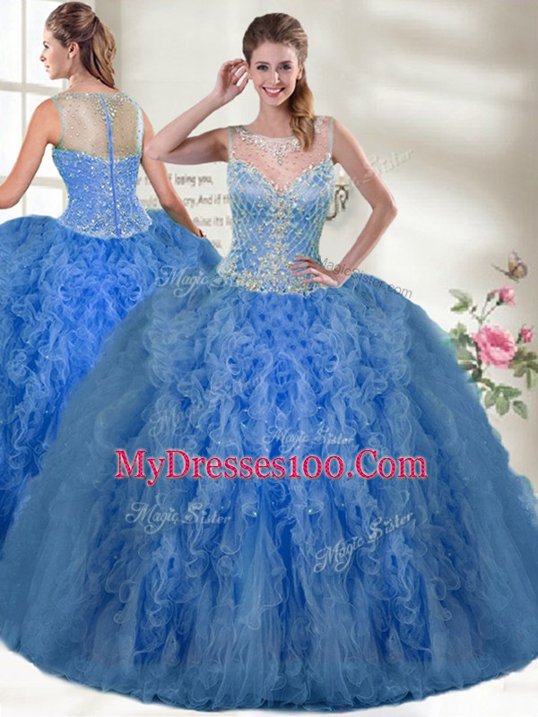 Blue Ball Gowns Scoop Sleeveless Organza Floor Length Zipper Beading and Ruffles Sweet 16 Dress