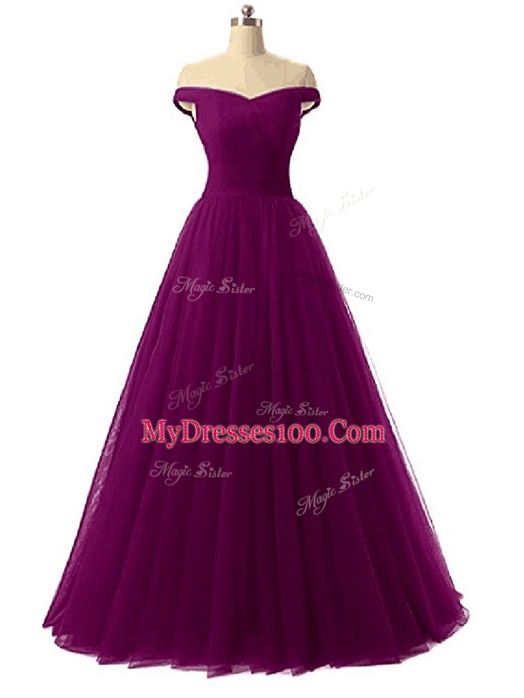 Tulle Off The Shoulder Sleeveless Lace Up Ruching Prom Party Dress in Burgundy