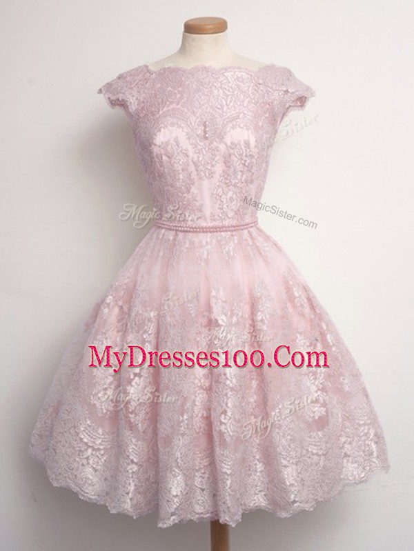Cap Sleeves Lace Up Knee Length Lace Damas Dress