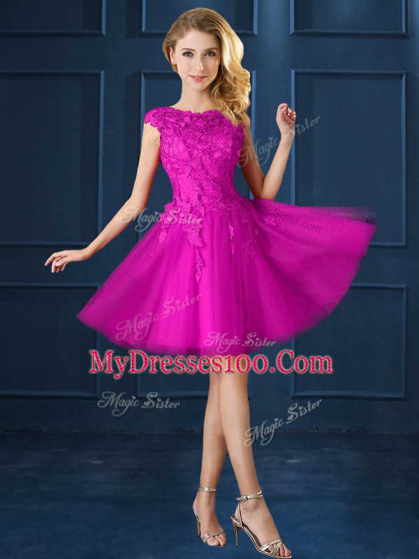 Decent Fuchsia Cap Sleeves Lace and Belt Knee Length Bridesmaid Gown