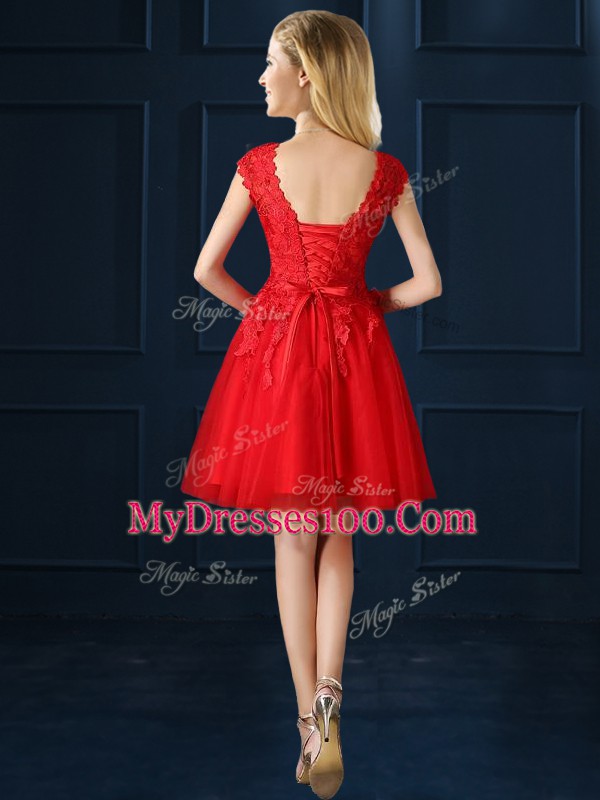 Decent Fuchsia Cap Sleeves Lace and Belt Knee Length Bridesmaid Gown
