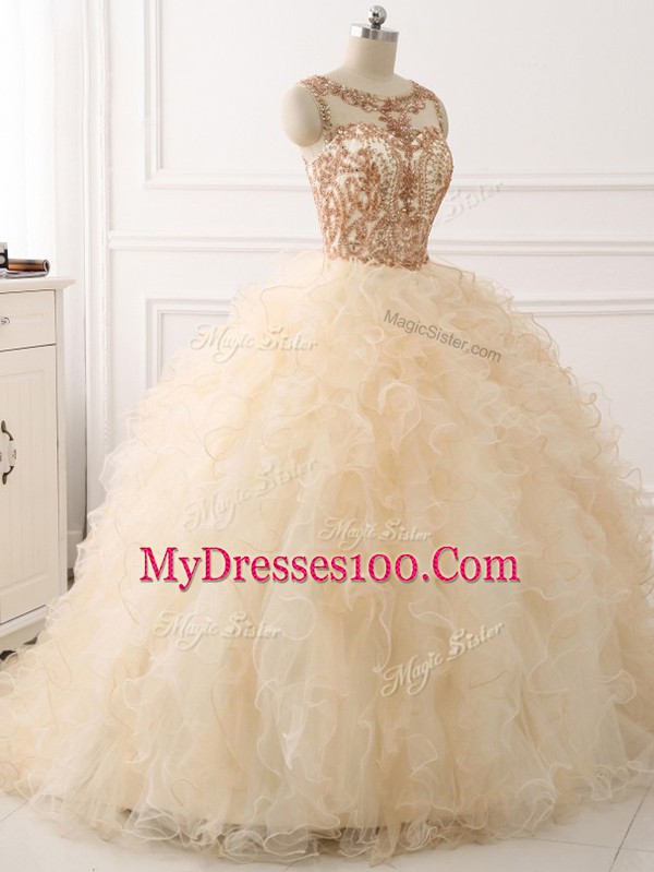 New Style Scoop Sleeveless Organza Quince Ball Gowns Beading and Ruffles Sweep Train Lace Up