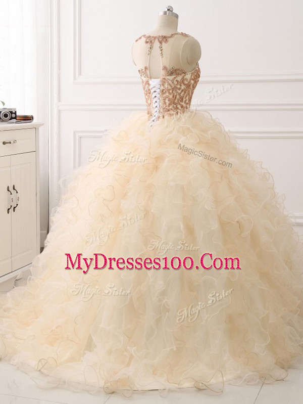 New Style Scoop Sleeveless Organza Quince Ball Gowns Beading and Ruffles Sweep Train Lace Up