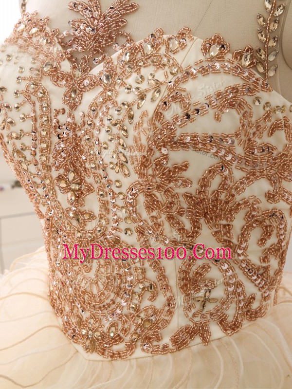 New Style Scoop Sleeveless Organza Quince Ball Gowns Beading and Ruffles Sweep Train Lace Up