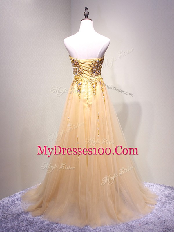 Sweetheart Sleeveless Prom Gown Floor Length Beading Champagne Tulle