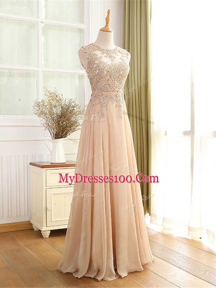 Sleeveless Chiffon Floor Length Zipper Dress for Prom in Champagne with Beading and Appliques