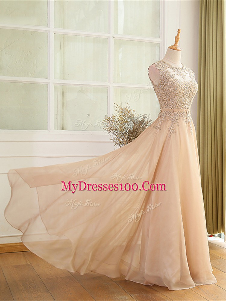 Sleeveless Chiffon Floor Length Zipper Dress for Prom in Champagne with Beading and Appliques