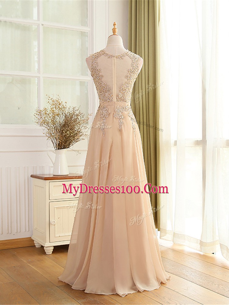 Sleeveless Chiffon Floor Length Zipper Dress for Prom in Champagne with Beading and Appliques