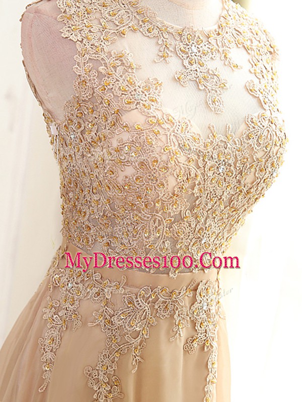Sleeveless Chiffon Floor Length Zipper Dress for Prom in Champagne with Beading and Appliques
