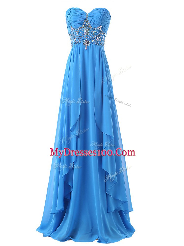 Sleeveless Beading and Ruching Lace Up Prom Dresses with Baby Blue Brush Train