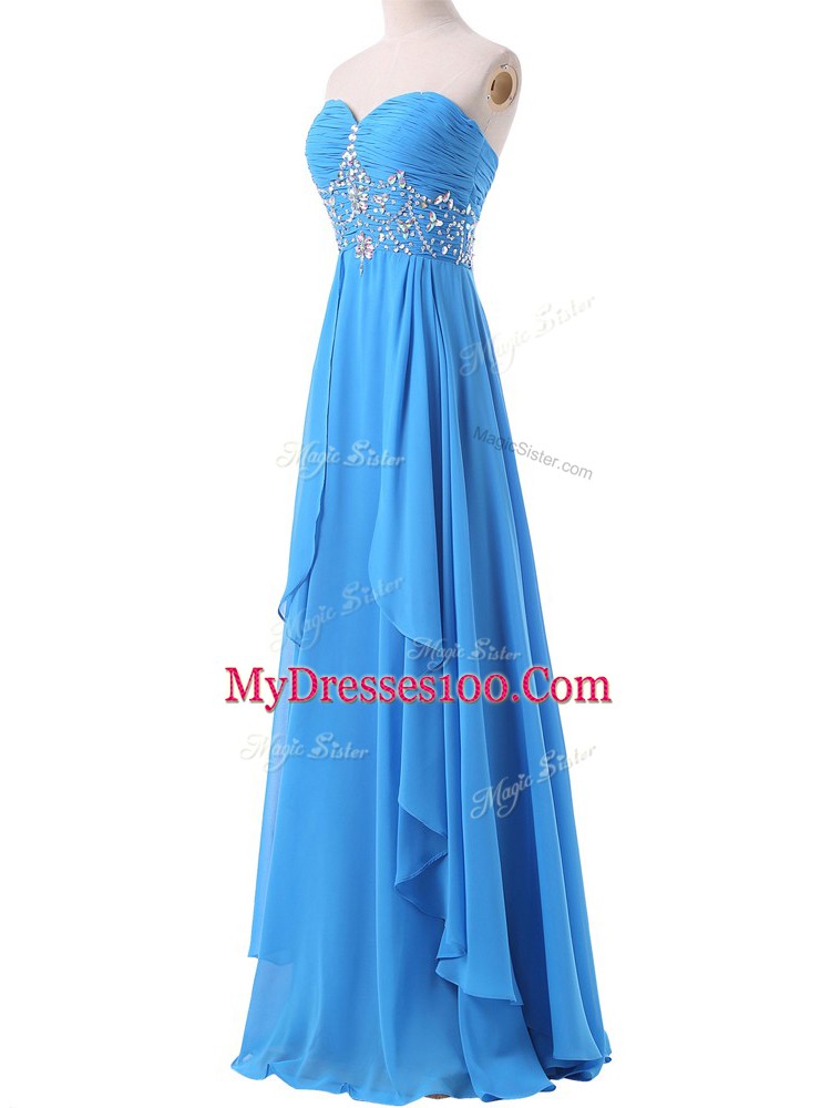 Sleeveless Beading and Ruching Lace Up Prom Dresses with Baby Blue Brush Train
