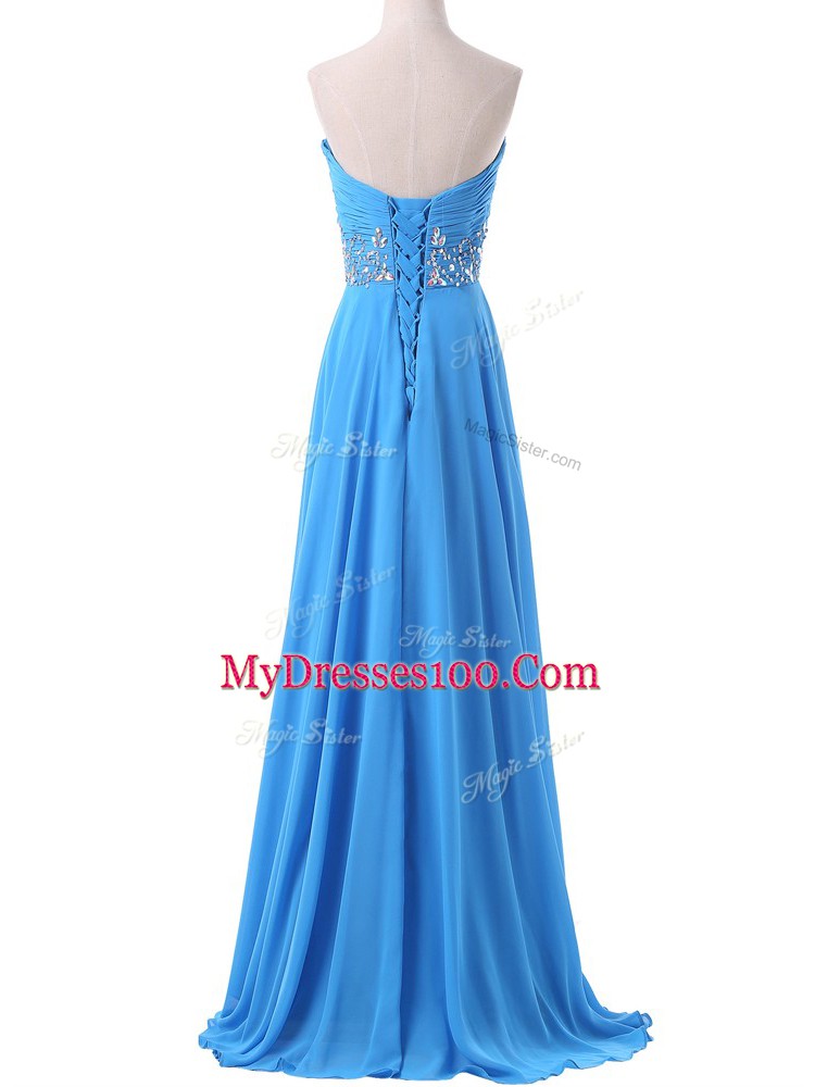 Sleeveless Beading and Ruching Lace Up Prom Dresses with Baby Blue Brush Train
