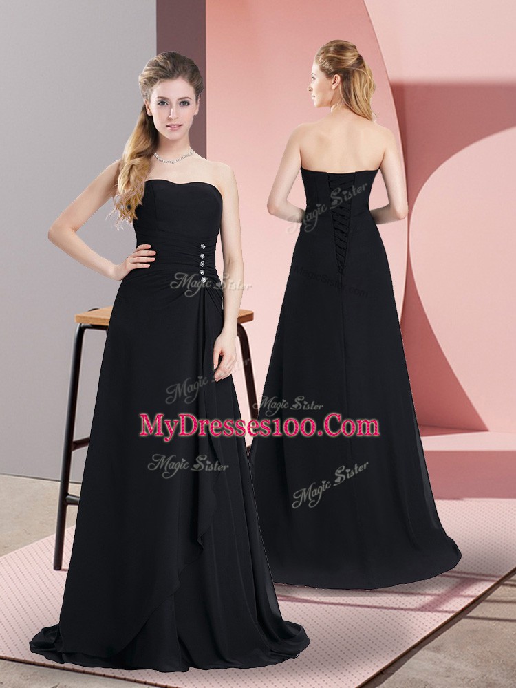 Fantastic Floor Length Black Prom Dresses Chiffon Sleeveless Beading