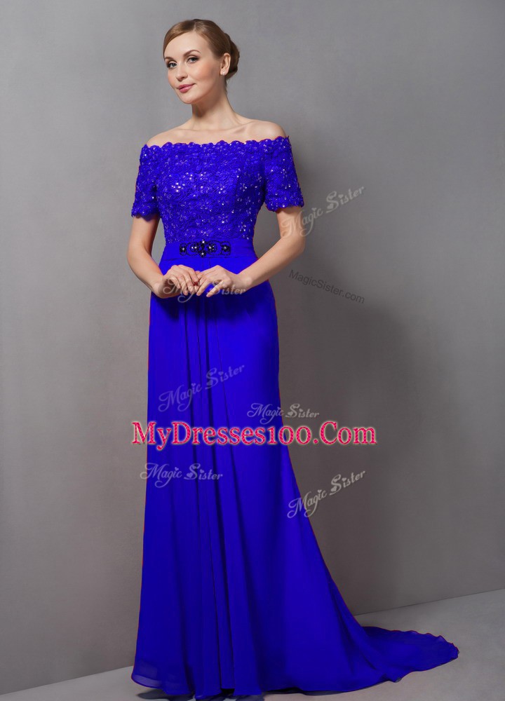 Shining Royal Blue Off The Shoulder Neckline Lace Mother of Bride Dresses Short Sleeves Zipper