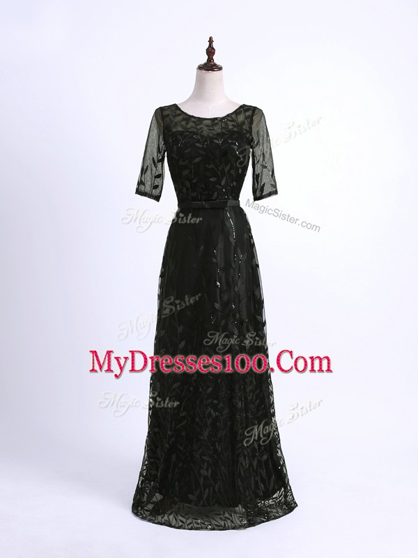 Floor Length Lace Up Mother Of The Bride Dress Black for Prom and Military Ball and Sweet 16 with Lace and Appliques