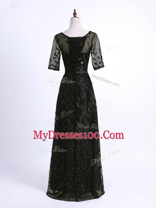 Floor Length Lace Up Mother Of The Bride Dress Black for Prom and Military Ball and Sweet 16 with Lace and Appliques