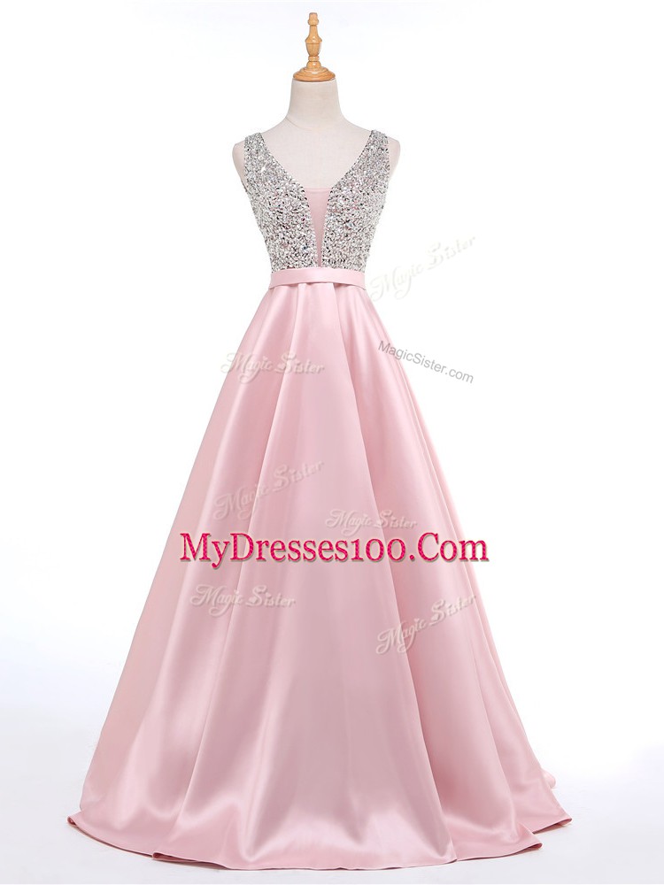 Dramatic Sleeveless Brush Train Beading Backless Prom Dress