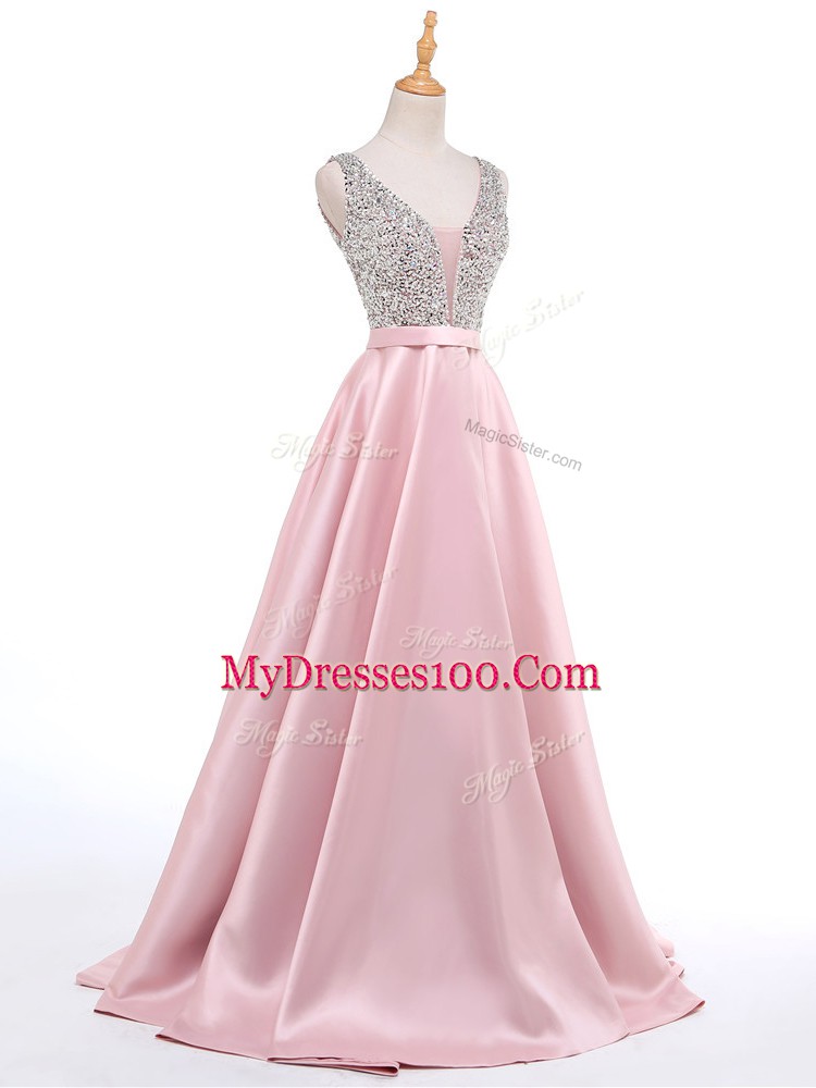 Dramatic Sleeveless Brush Train Beading Backless Prom Dress
