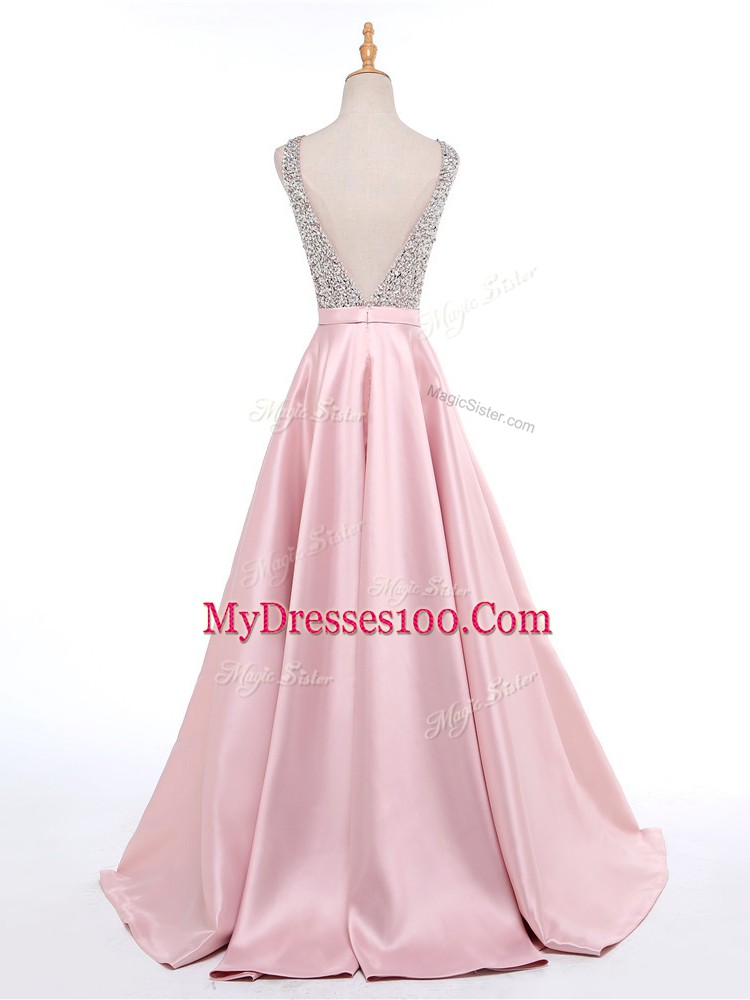 Dramatic Sleeveless Brush Train Beading Backless Prom Dress