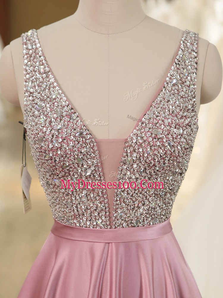 Dramatic Sleeveless Brush Train Beading Backless Prom Dress