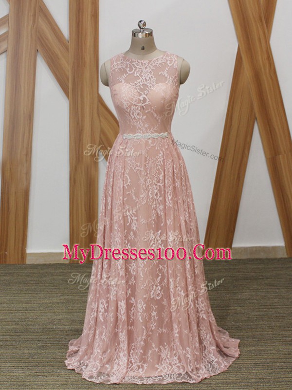 Beading Pink Zipper Sleeveless Floor Length Brush Train