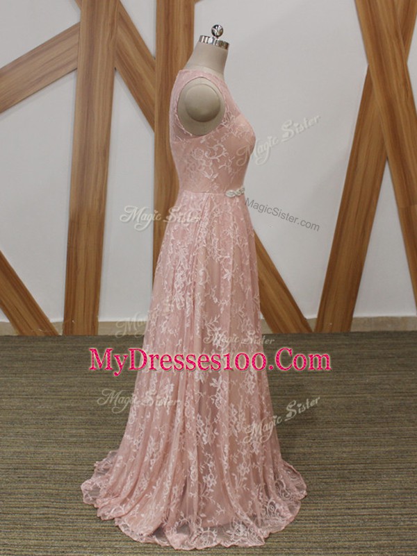 Beading Pink Zipper Sleeveless Floor Length Brush Train