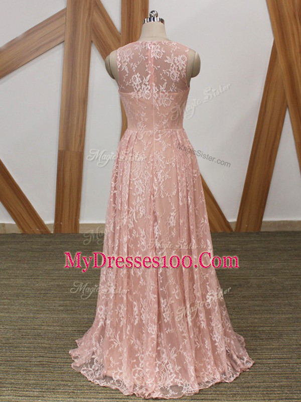 Beading Pink Zipper Sleeveless Floor Length Brush Train