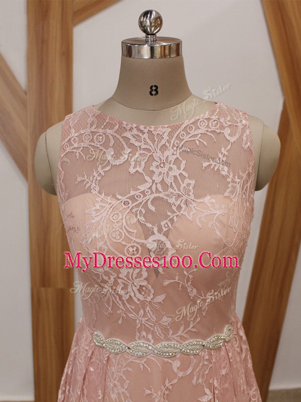 Beading Pink Zipper Sleeveless Floor Length Brush Train