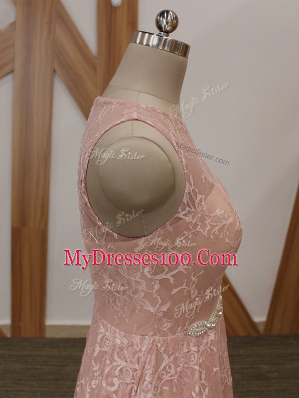 Beading Pink Zipper Sleeveless Floor Length Brush Train