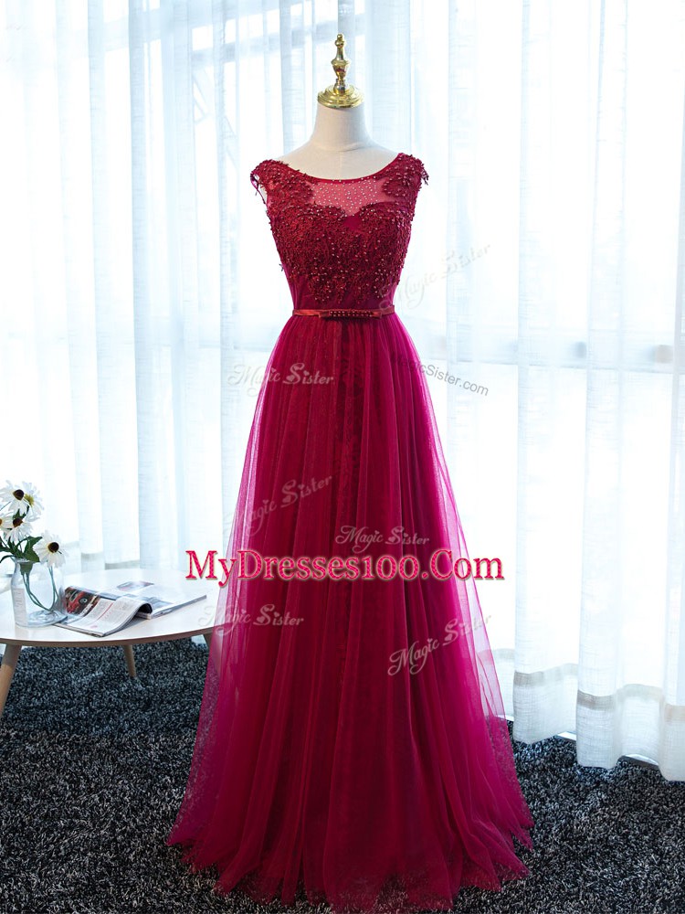 Luxury Fuchsia Tulle Lace Up Scoop Sleeveless Floor Length Prom Dress Beading and Lace and Appliques and Belt