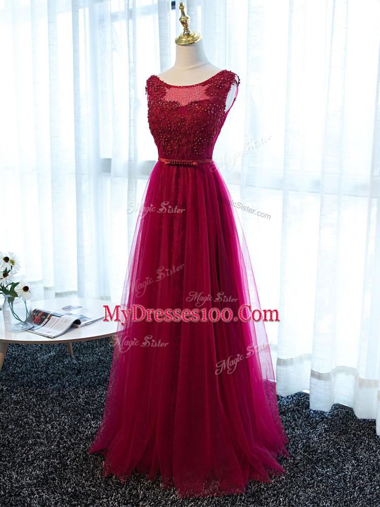 Luxury Fuchsia Tulle Lace Up Scoop Sleeveless Floor Length Prom Dress Beading and Lace and Appliques and Belt