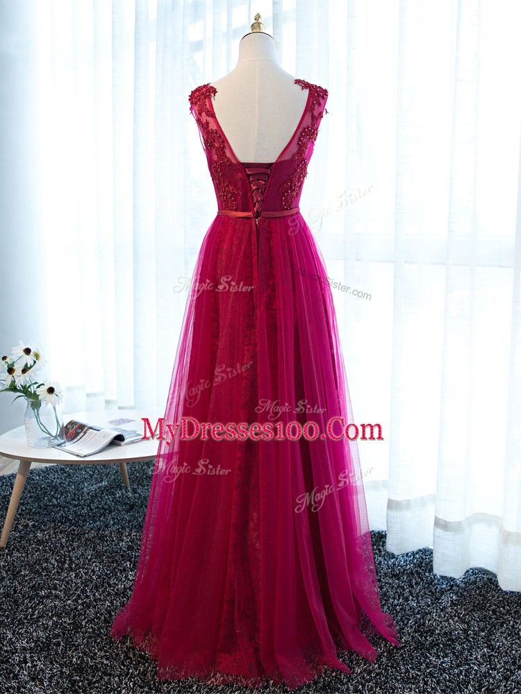 Luxury Fuchsia Tulle Lace Up Scoop Sleeveless Floor Length Prom Dress Beading and Lace and Appliques and Belt