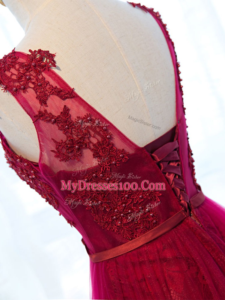 Luxury Fuchsia Tulle Lace Up Scoop Sleeveless Floor Length Prom Dress Beading and Lace and Appliques and Belt