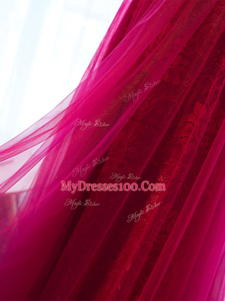 Luxury Fuchsia Tulle Lace Up Scoop Sleeveless Floor Length Prom Dress Beading and Lace and Appliques and Belt