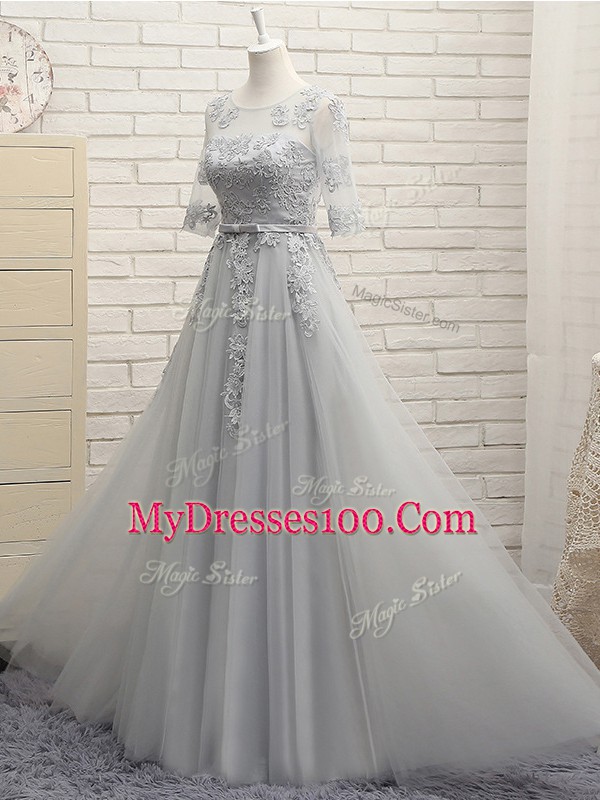 Floor Length Lace Up Dama Dress for Quinceanera Grey for Prom and Party and Wedding Party with Appliques
