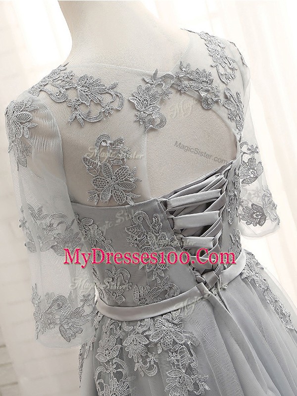 Floor Length Lace Up Dama Dress for Quinceanera Grey for Prom and Party and Wedding Party with Appliques