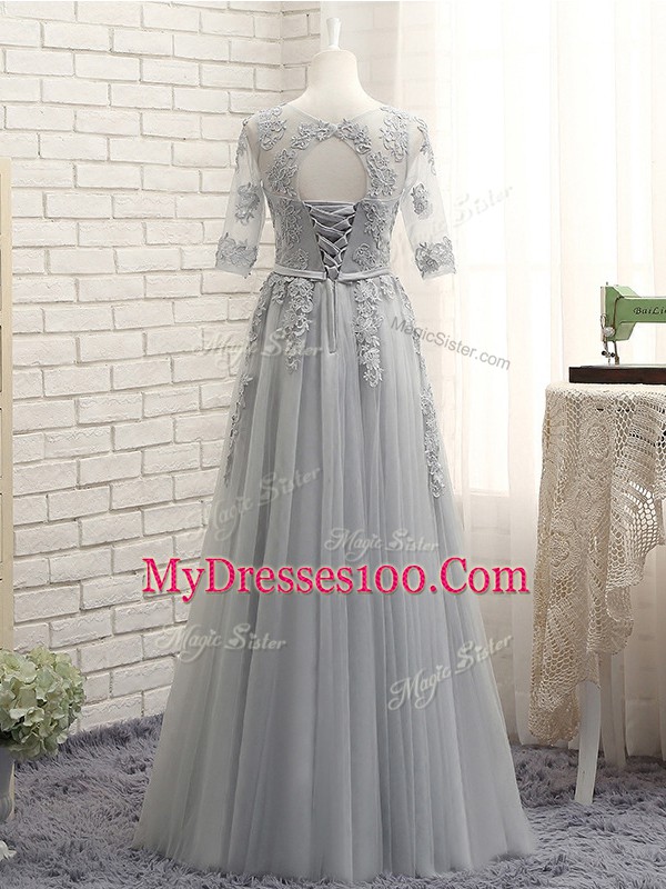 Floor Length Lace Up Dama Dress for Quinceanera Grey for Prom and Party and Wedding Party with Appliques