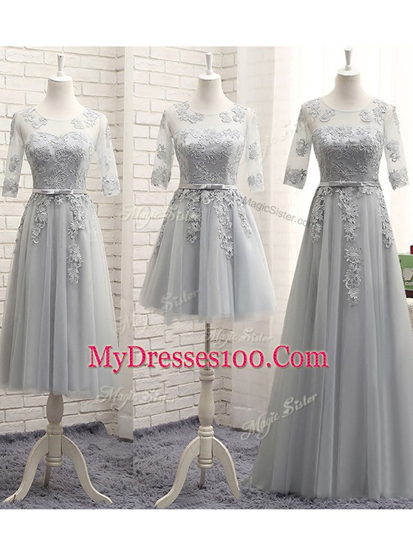 Floor Length Lace Up Dama Dress for Quinceanera Grey for Prom and Party and Wedding Party with Appliques