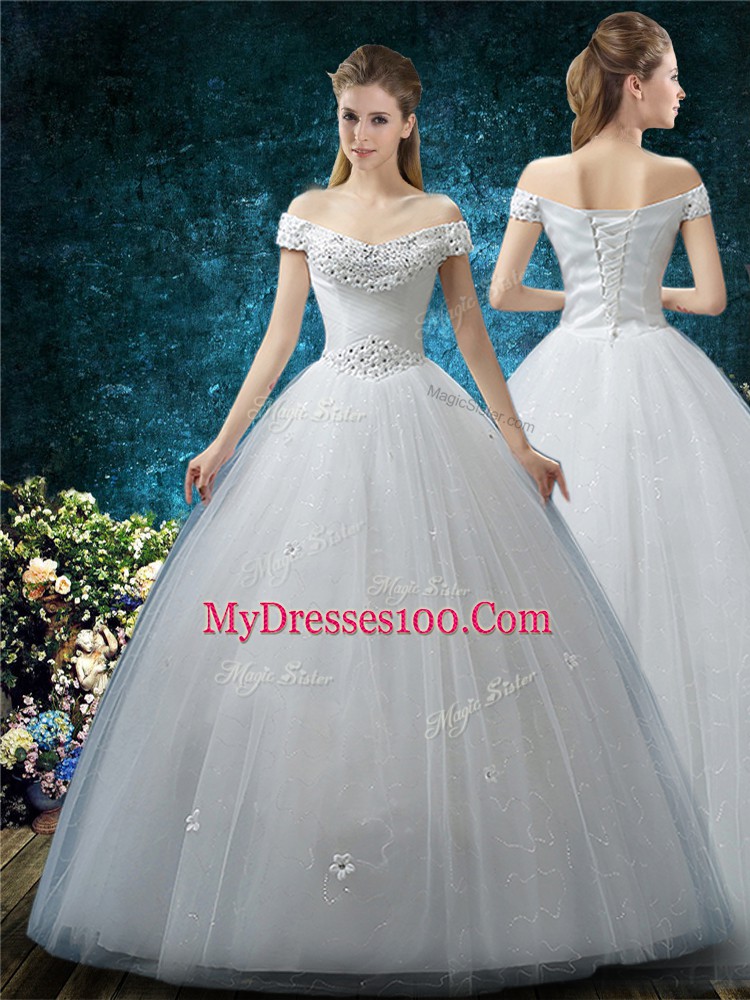 White Tulle Lace Up Wedding Dresses Cap Sleeves Floor Length Beading and Appliques