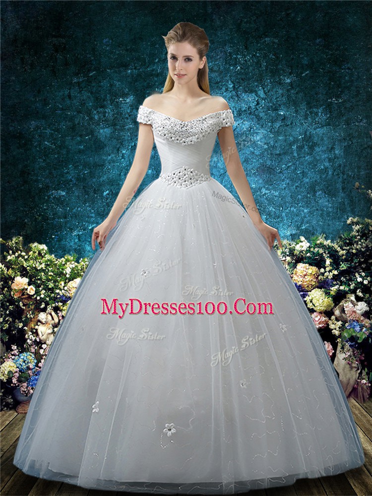 White Tulle Lace Up Wedding Dresses Cap Sleeves Floor Length Beading and Appliques
