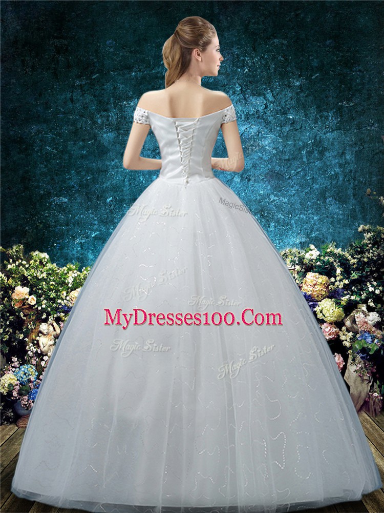 White Tulle Lace Up Wedding Dresses Cap Sleeves Floor Length Beading and Appliques