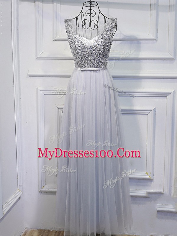 New Arrival Grey Tulle Lace Up Sleeveless Floor Length Beading and Sequins